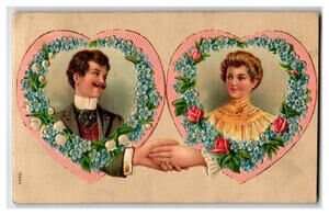 Vintage Embossed Valentine Postcard Couple Hands Forget-Me-Nots Hearts 1905
